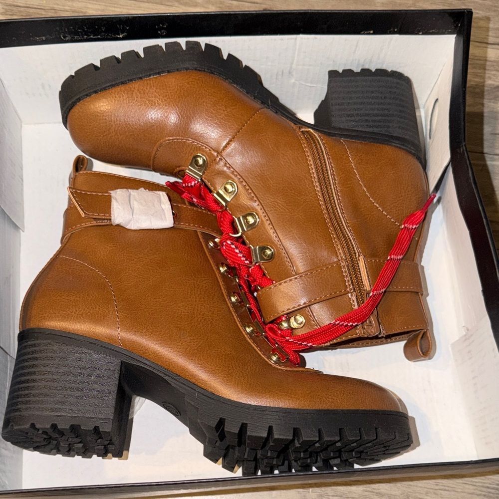 Material Girl Tan Ankle Boots with Red Laces